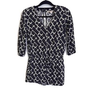 Banana Republic Romper Diamond Print Short Sleeve Drawstring Tie Waist Black